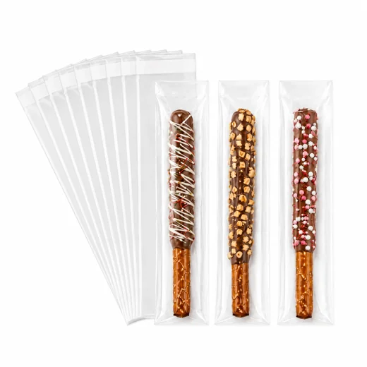 Crisp Seal long clear 2x10 bags with chocolate-covered pretzel rods