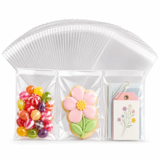 Crisp Seal 4x6 clear bags on a white background with candy, a decorated cookie and gift tags